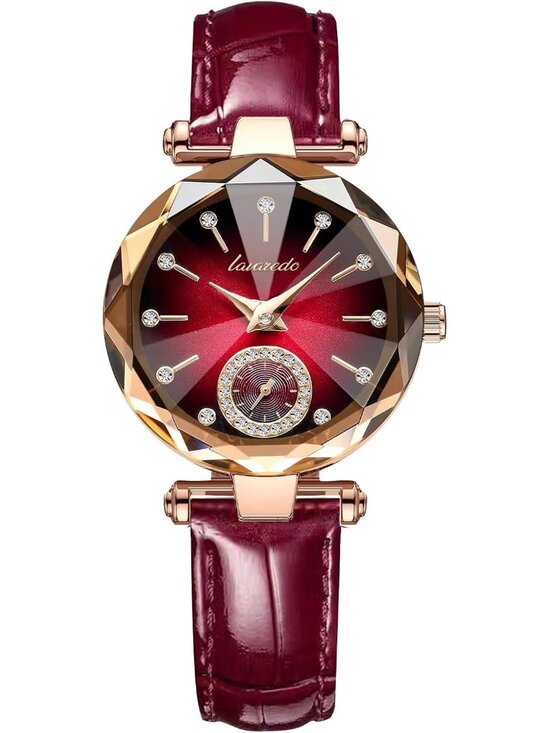 Women\'s Gold Red Elegant Leather Strap Analog Creative Diamond Dial Wrist Watch main image 3